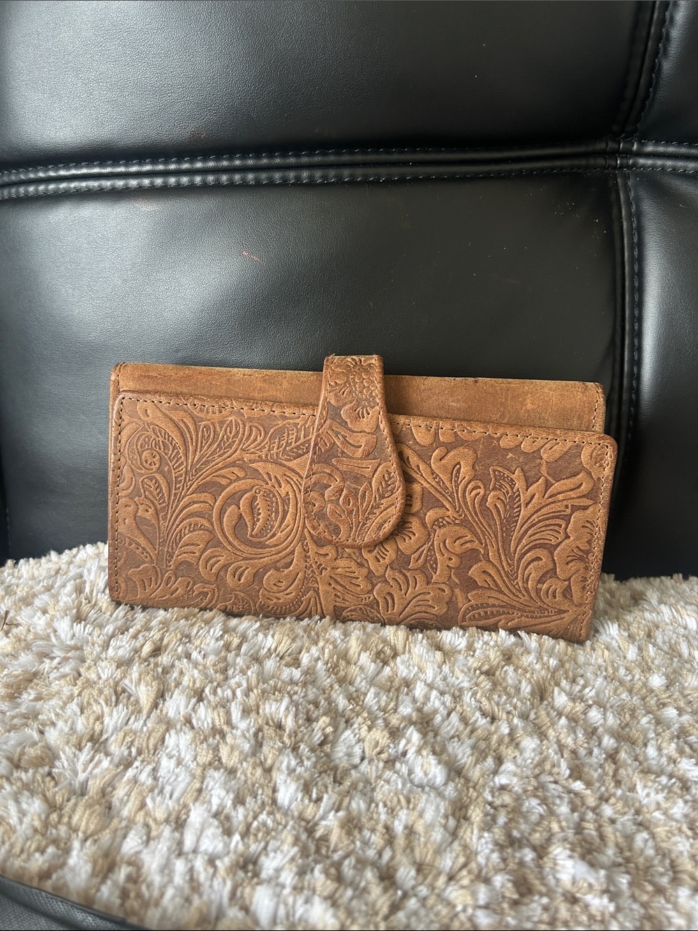 Tooled Leather Wallet Clutch in Tan